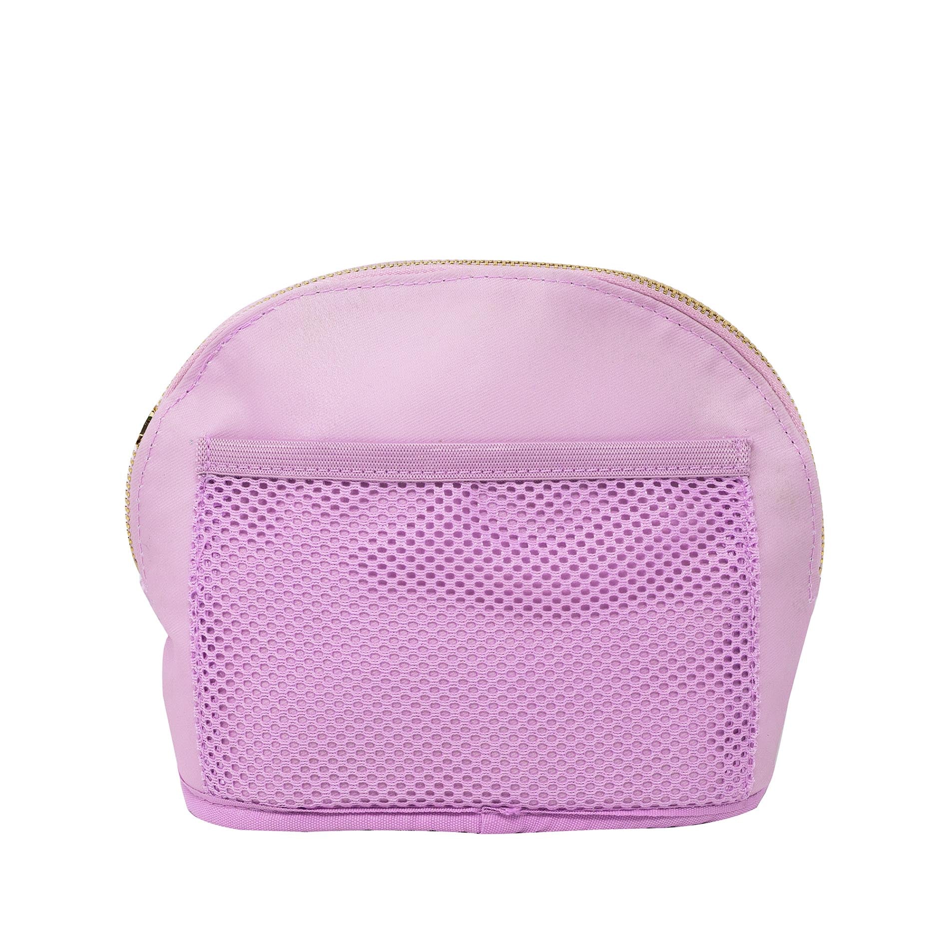 Purple pouch with mesh pocket on a white background