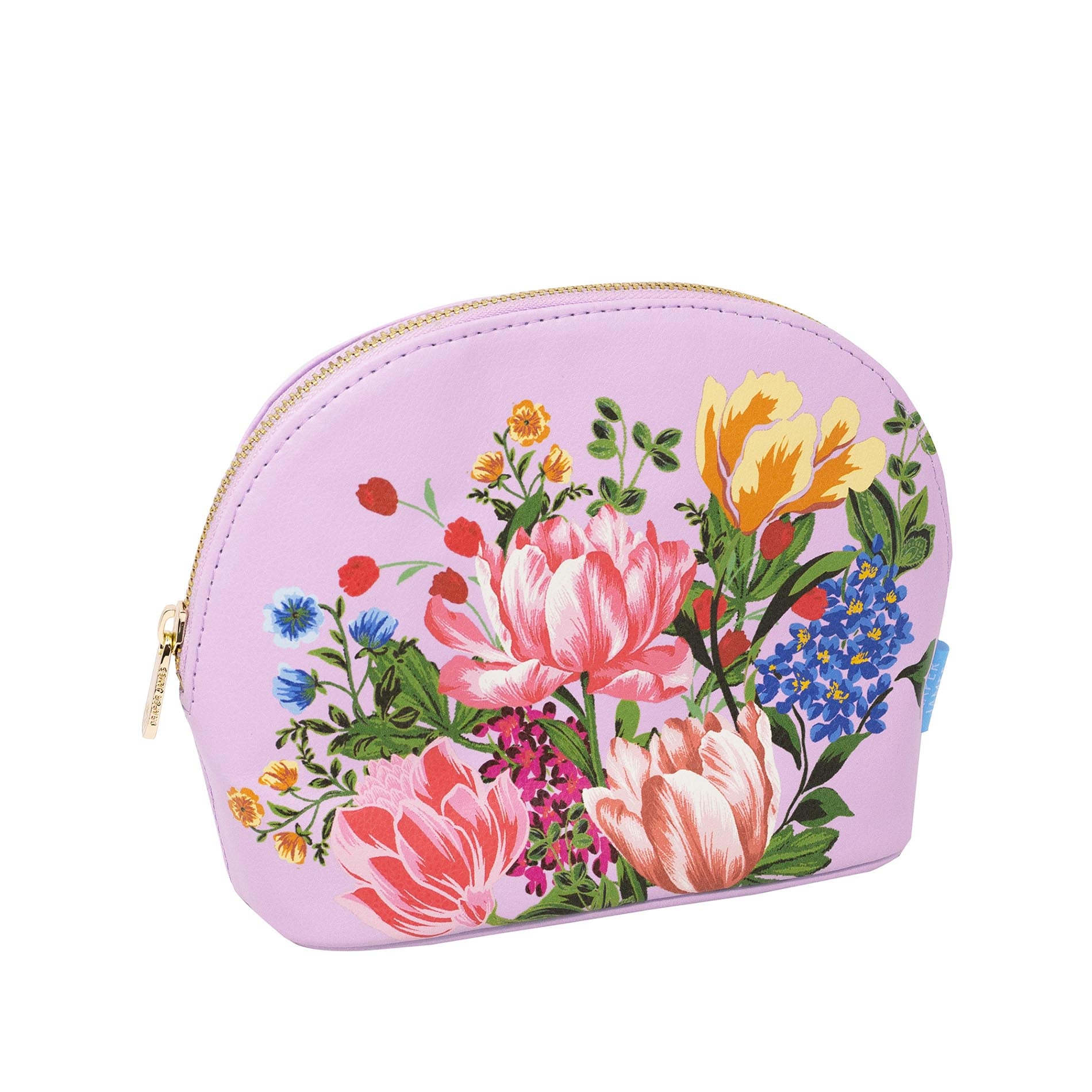 Sideview of floral-patterned pouch on a white background