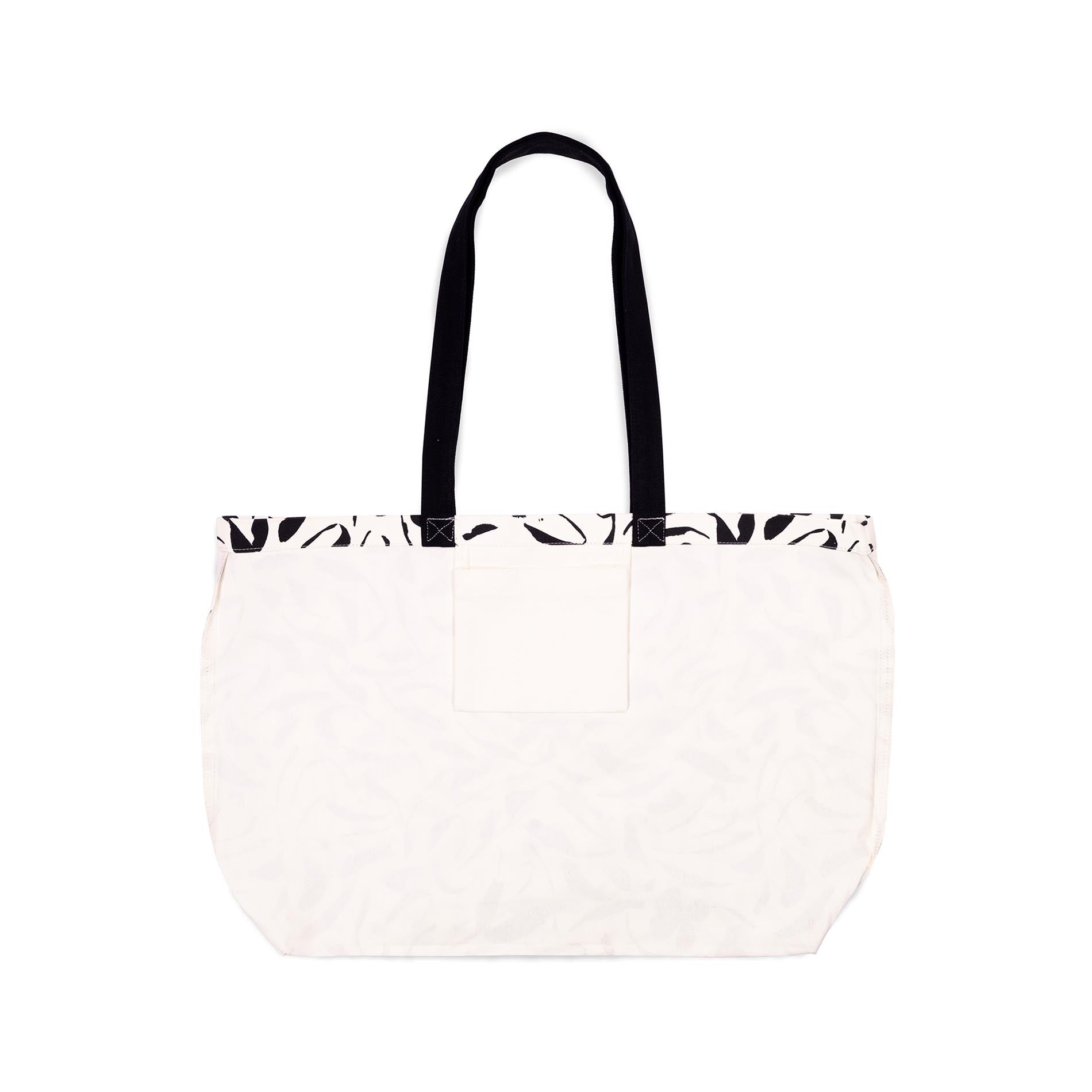 White tote bag with black handles on a white background
