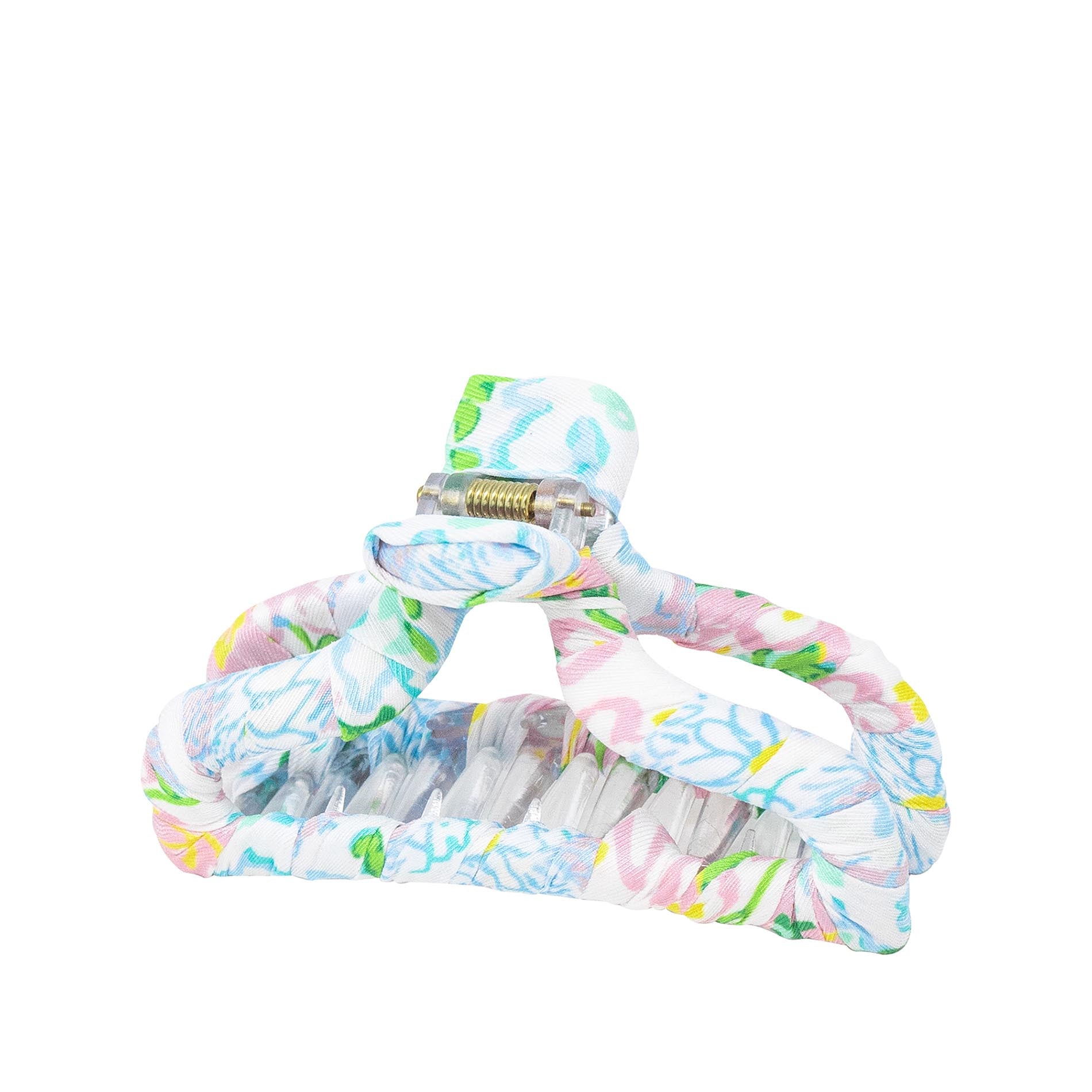 Colorful hair clip with floral pattern on a white background