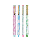 Four floral-patterned pens with colored caps and bases on a white background