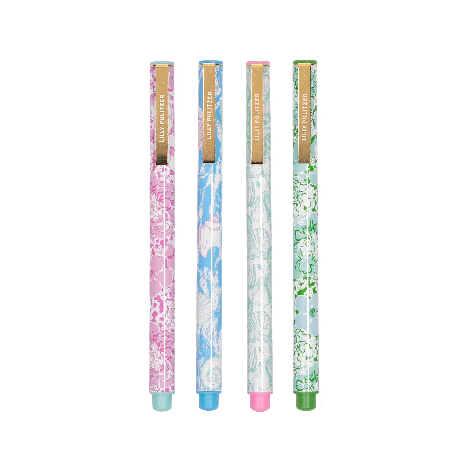 Four floral-patterned pens with colored caps and bases on a white background
