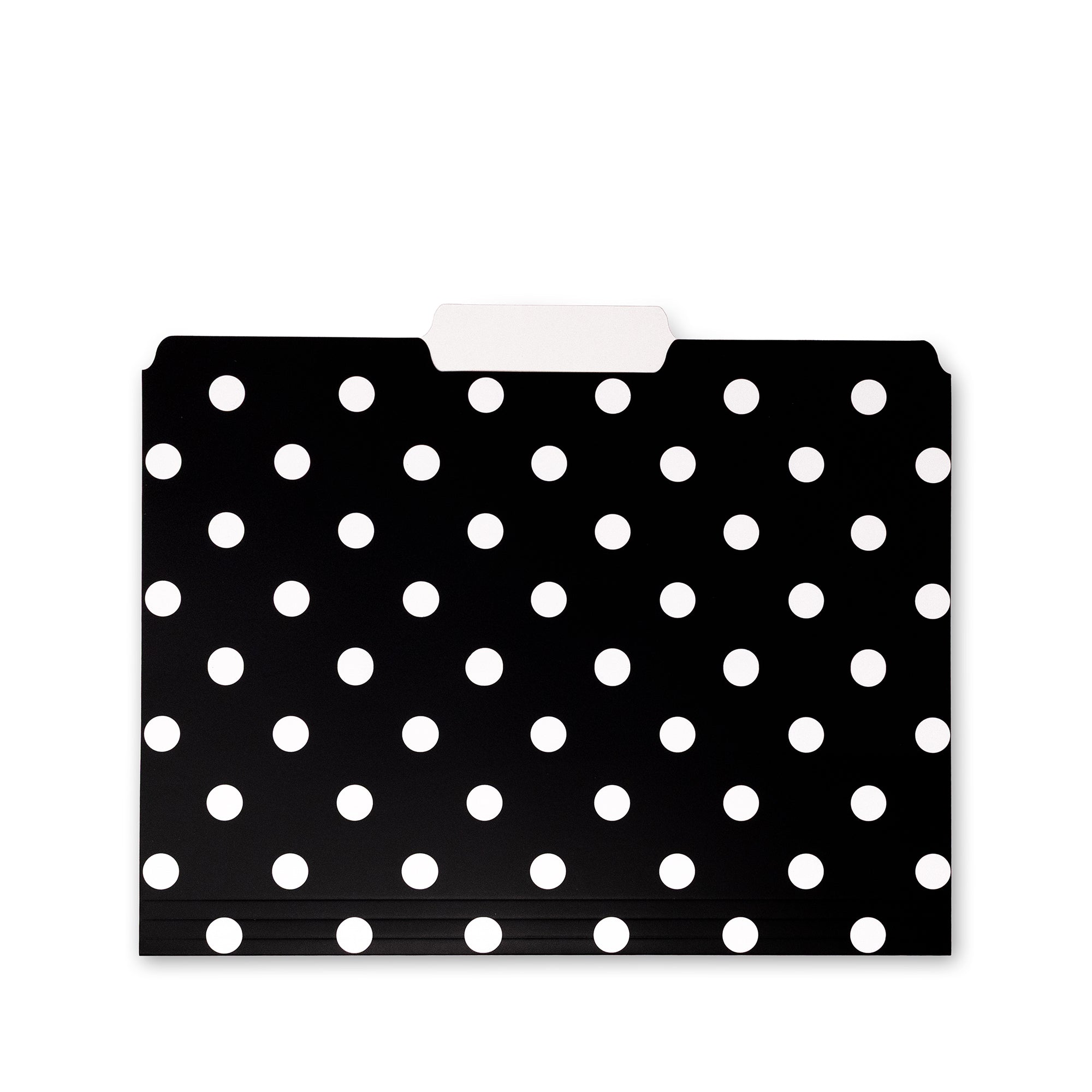center tab of black file folders with white polka dots