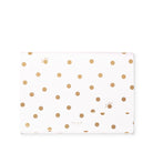 A white rectangular Kate Spade file holder decorated with scattered metallic gold polka dots, shown on a clean white background.
