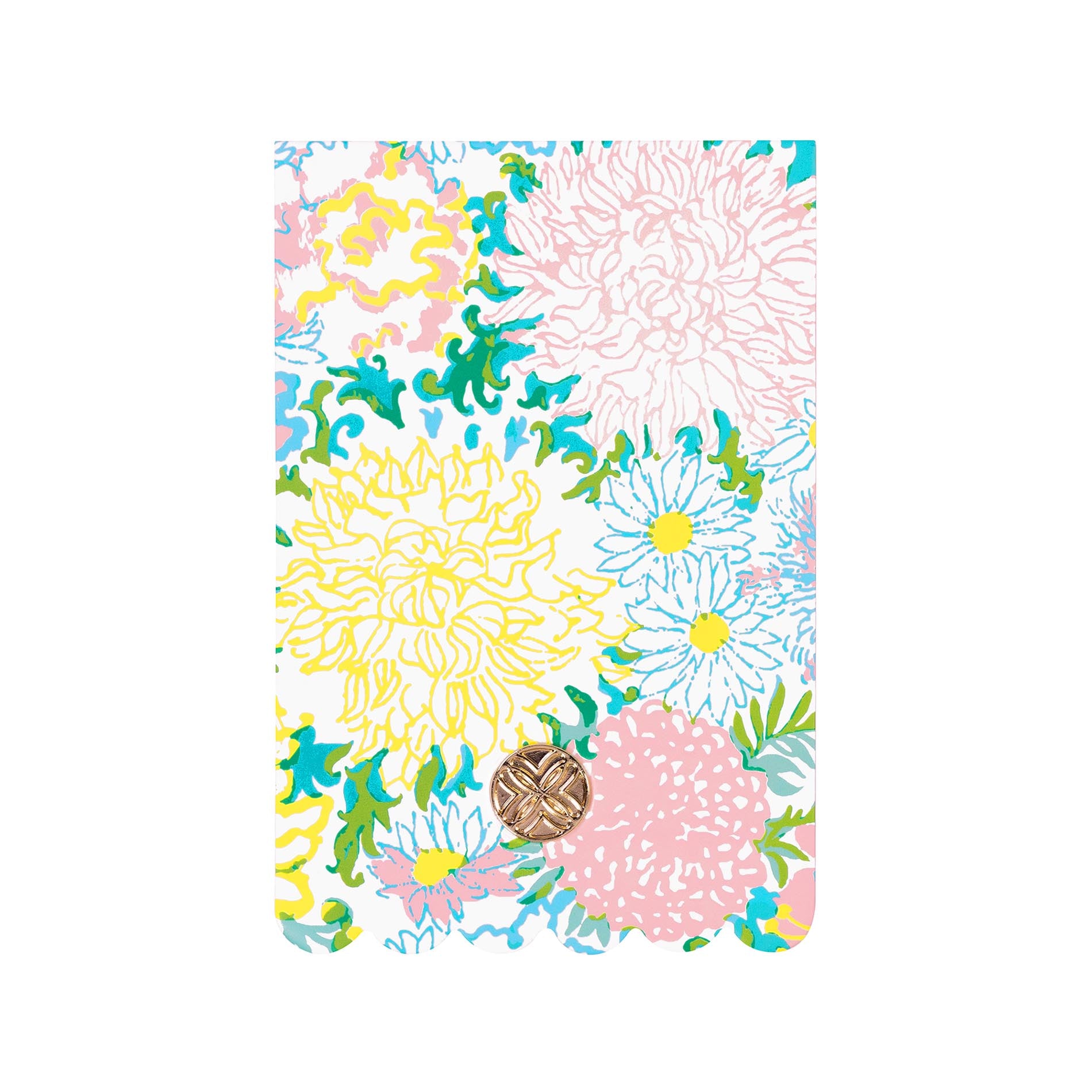 Floral patterned notebook with a decorative button on a white background