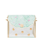 Small pouch with a green top half and gold accents on a white background