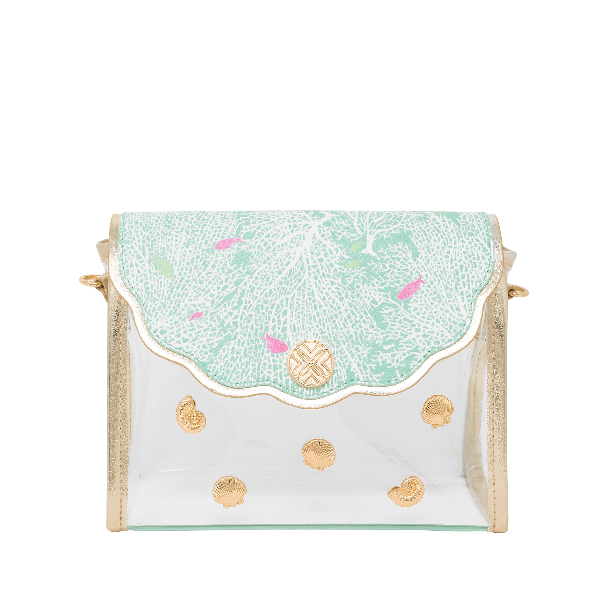 Small pouch with a green top half and gold accents on a white background