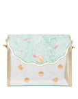 Small pouch with a green top half and gold accents on a white background
