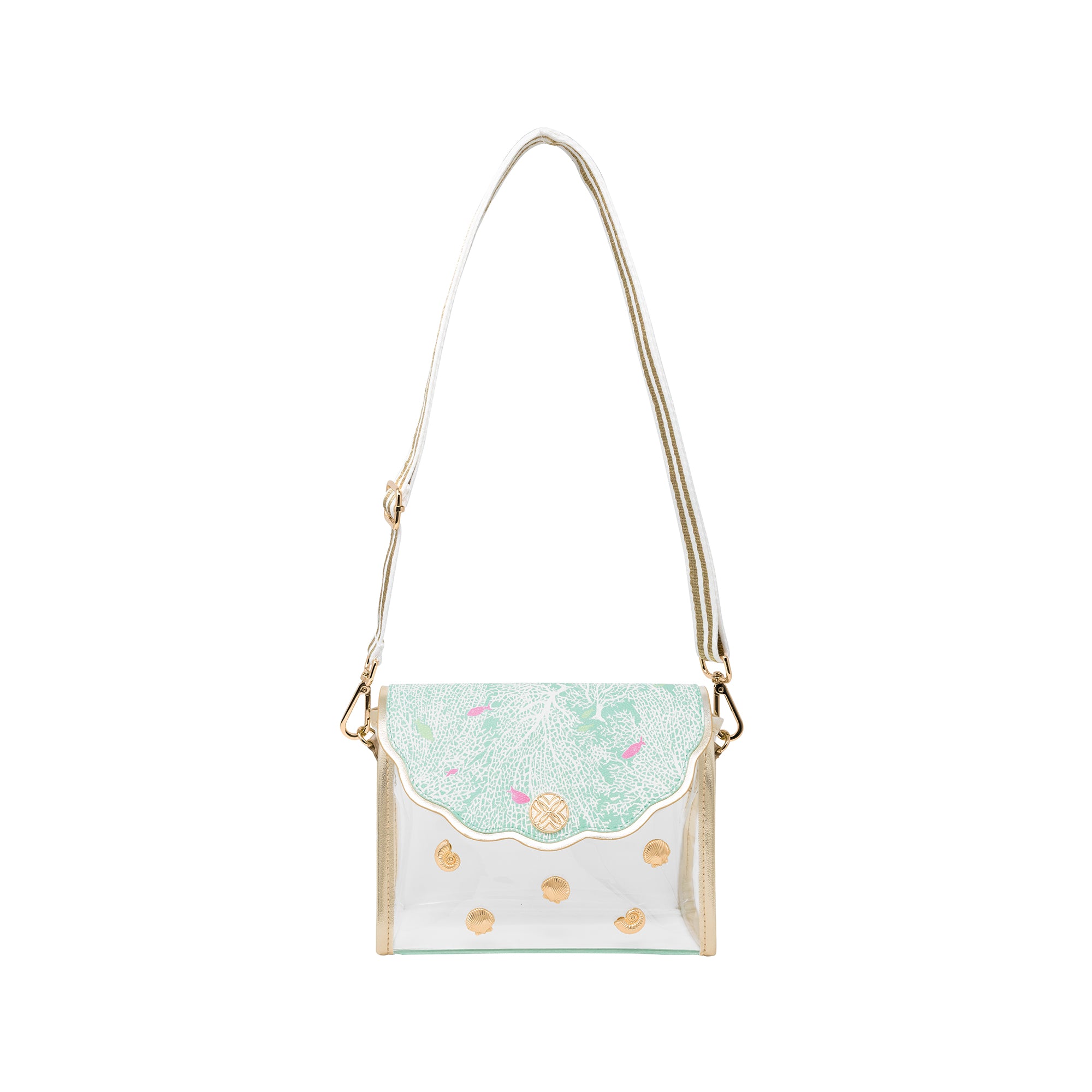 Small handbag with gold accents and a light blue flap on a white background
