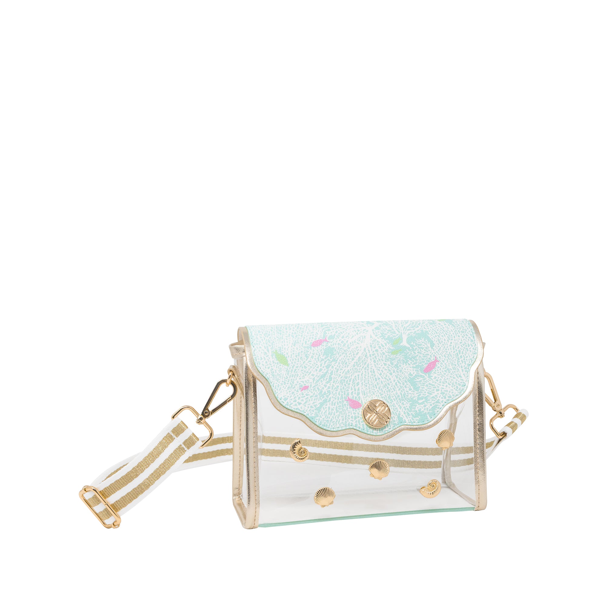 Clear handbag with a light blue top section featuring colorful polka dots on a white background