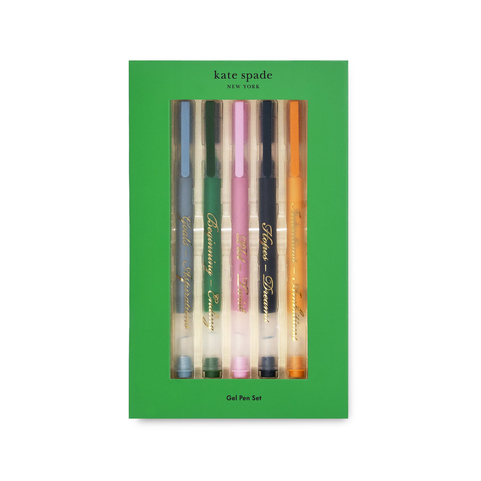 Set of gel pens in a green box with 'kate spade New York' branding.