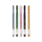 Five colorful pens with text on a white background