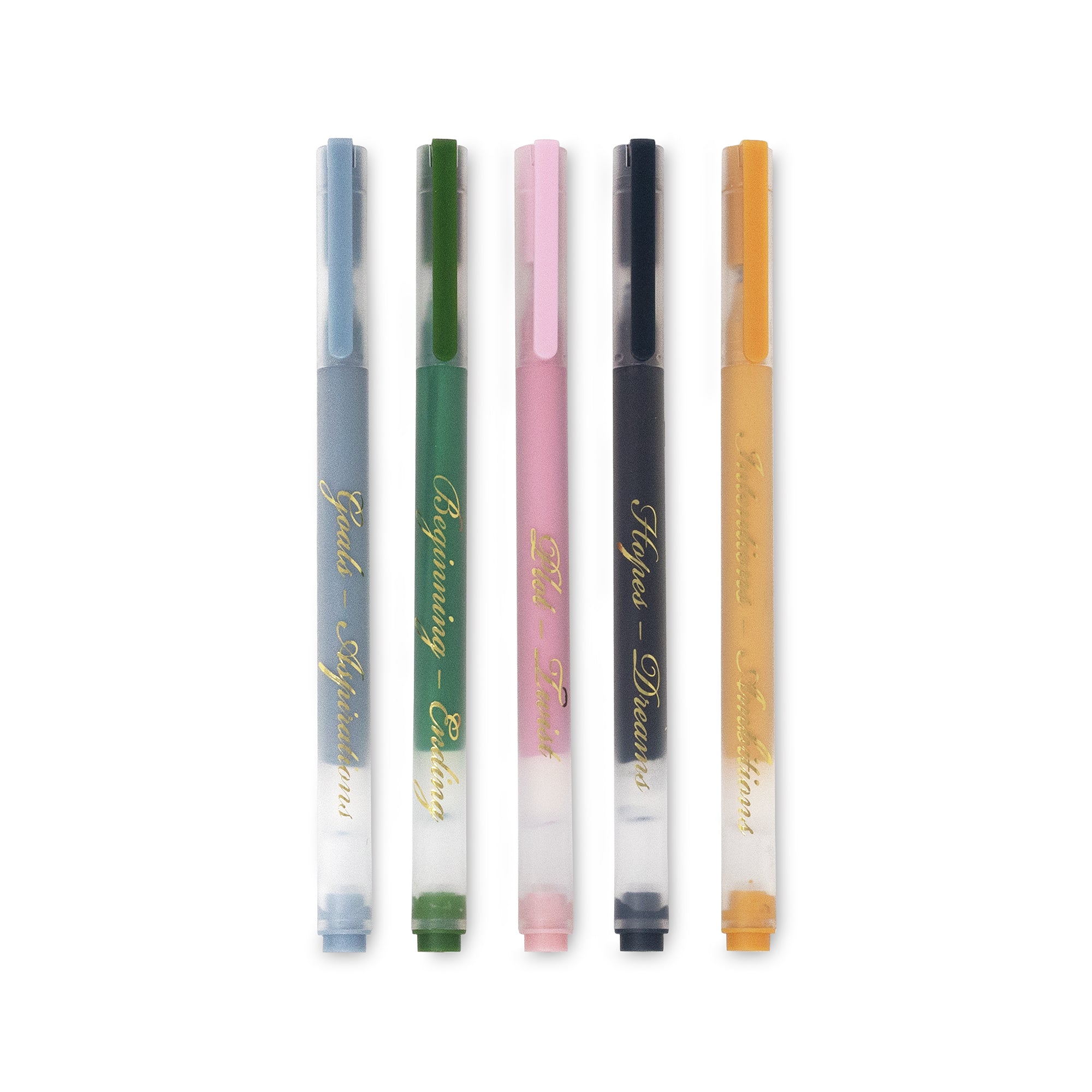 Five colorful pens with text on a white background