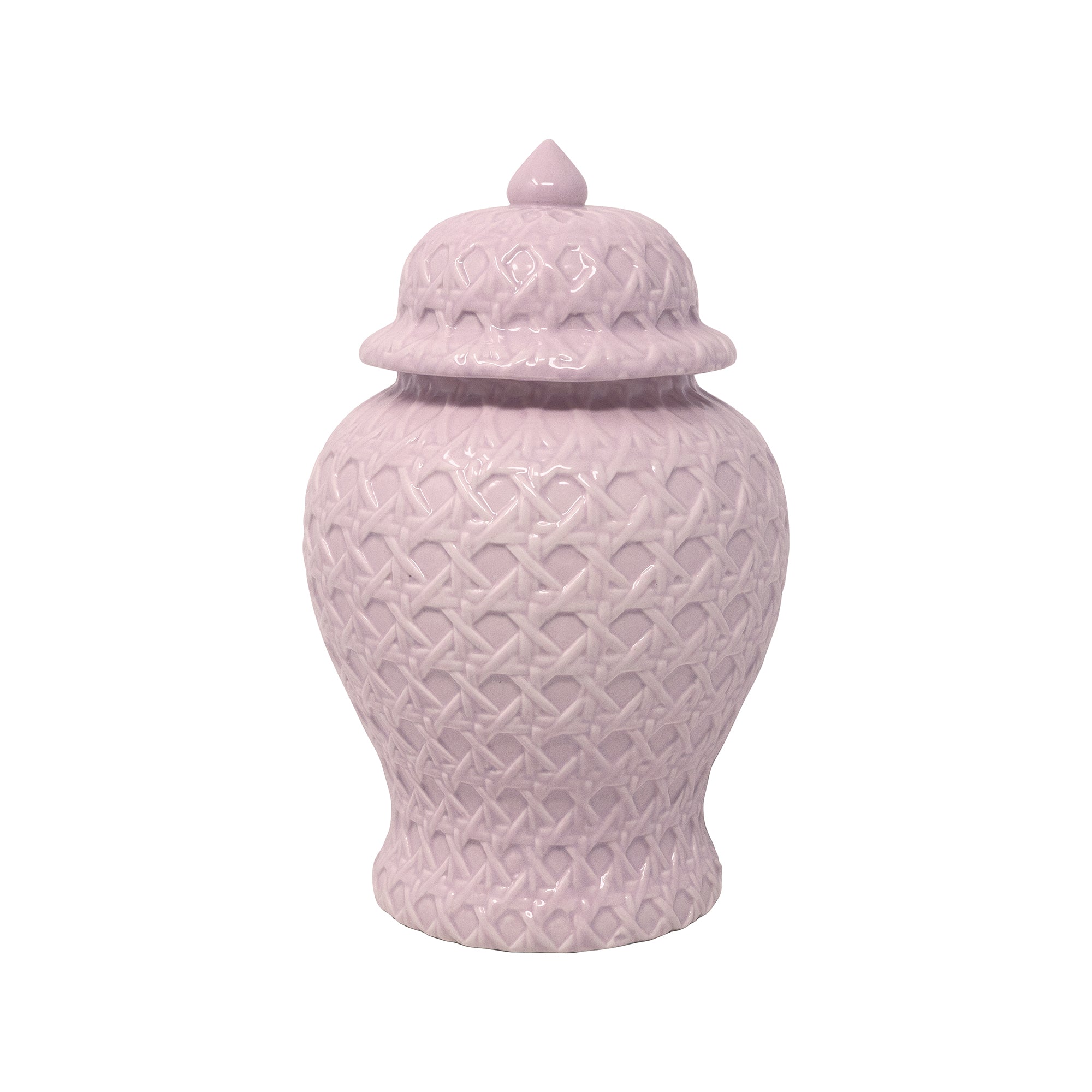 Pink ceramic jar with a lid on a white background