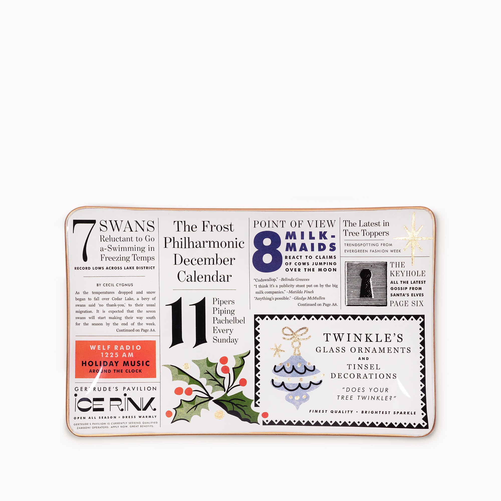 A rectangular vintage-style Christmas advent calendar card featuring collage elements, including text like '7 Swans' and 'The Frost Philharmonic December Calendar,' with holly, ornaments, and a blue gift box illustration on a white background.