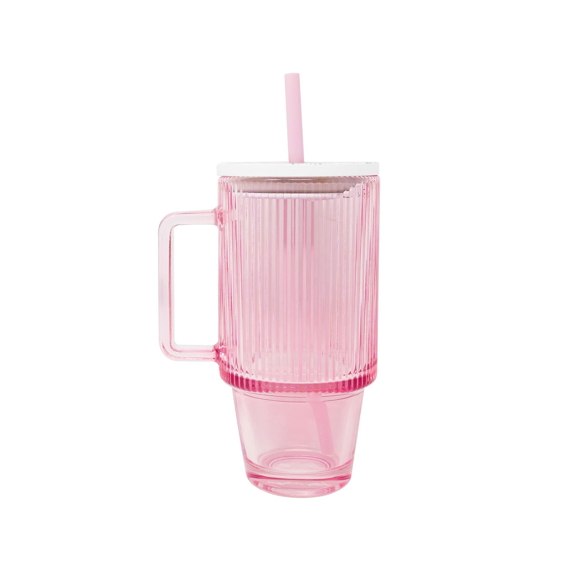 Pink mug with handle and straw on a white background