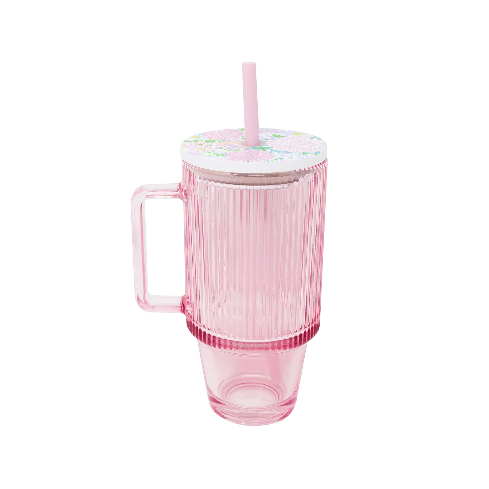 Pink tumbler with handle and straw on a white background
