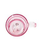 Pink and clear mug with a visible brand logo on a white background