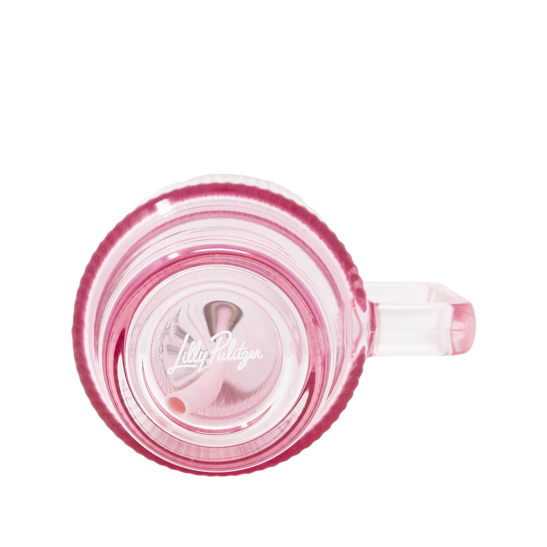 Pink and clear mug with a visible brand logo on a white background