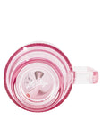 Pink and clear mug with a visible brand logo on a white background