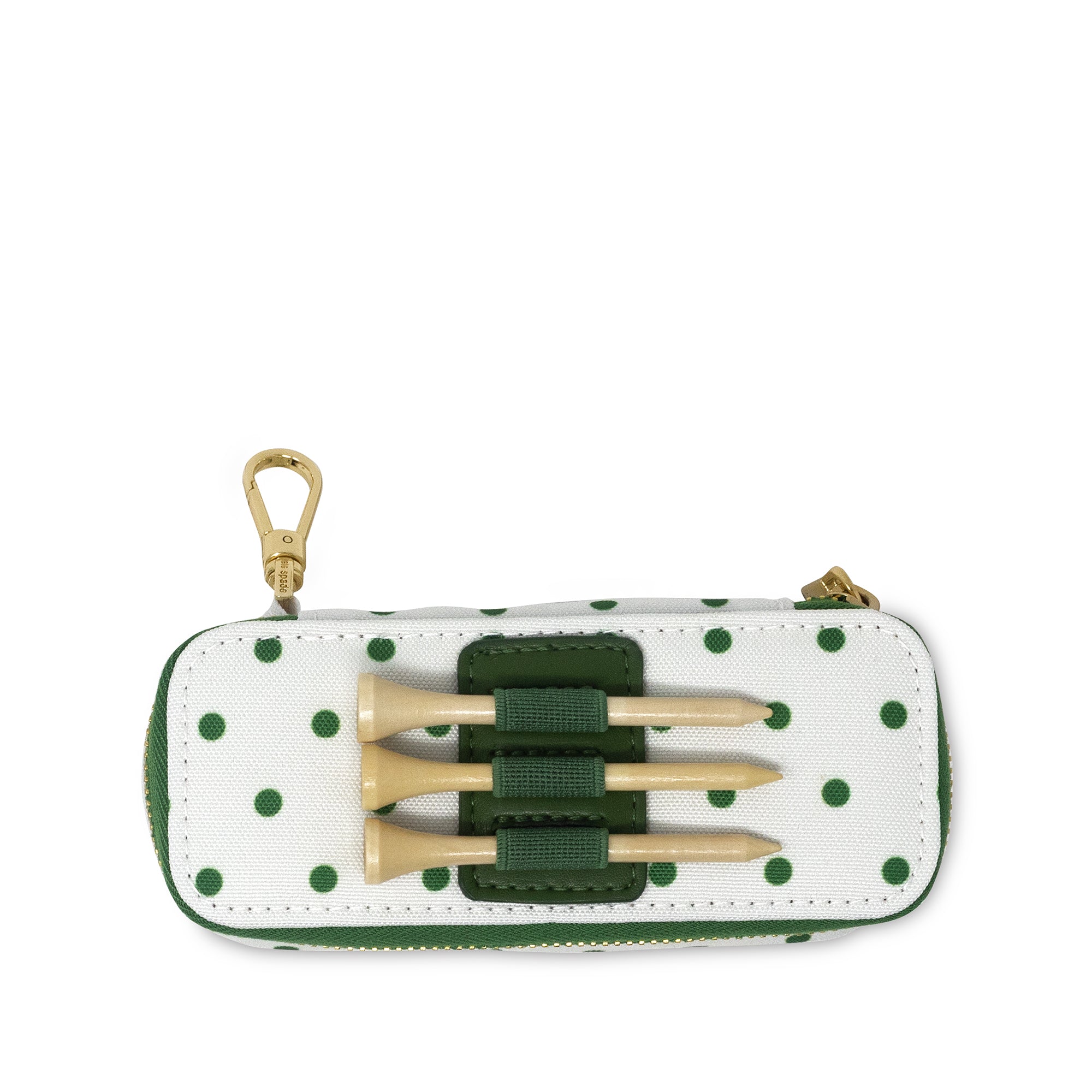 Polka dot case with golf tees and a gold clip on a white background