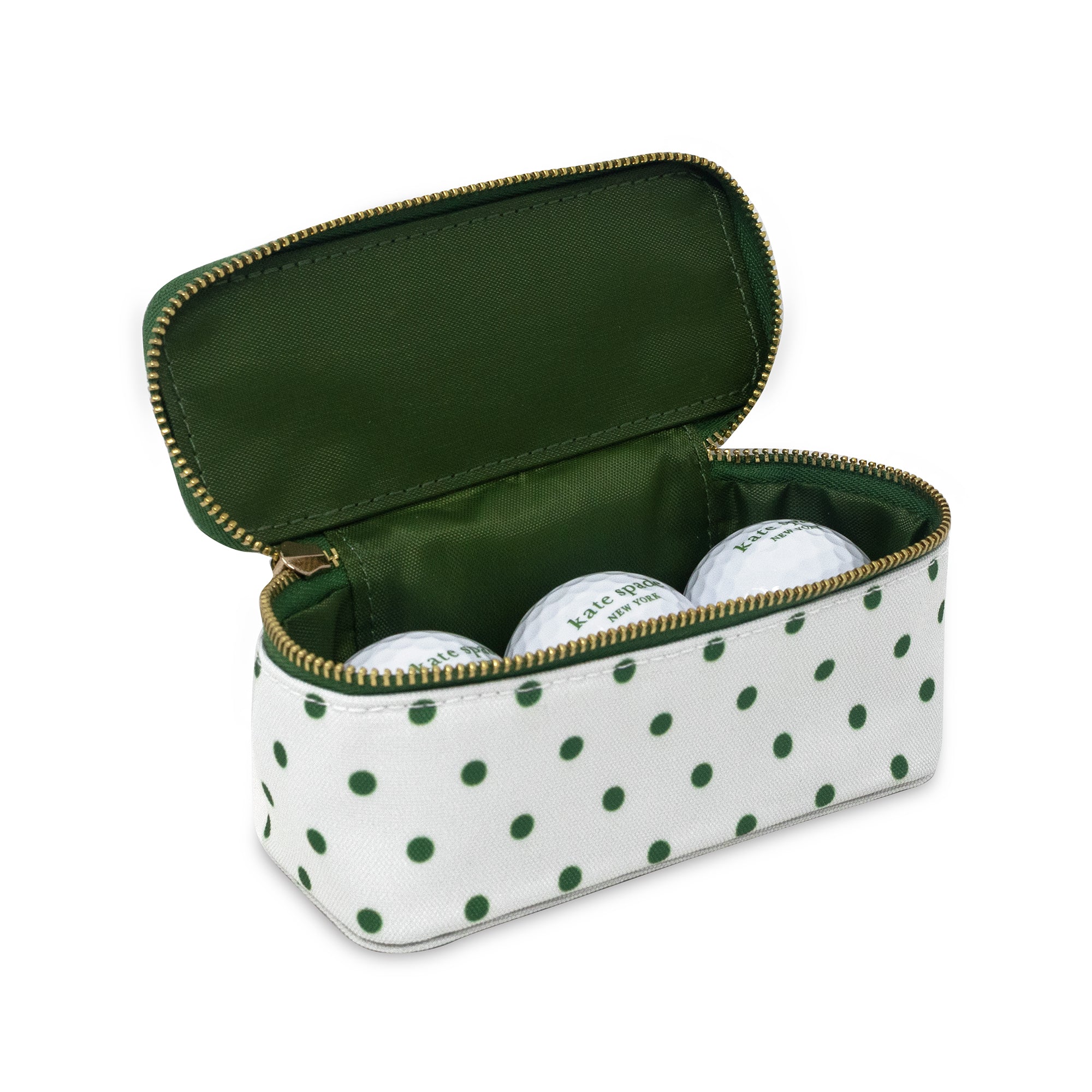 Polka dot case with golf balls on a white background