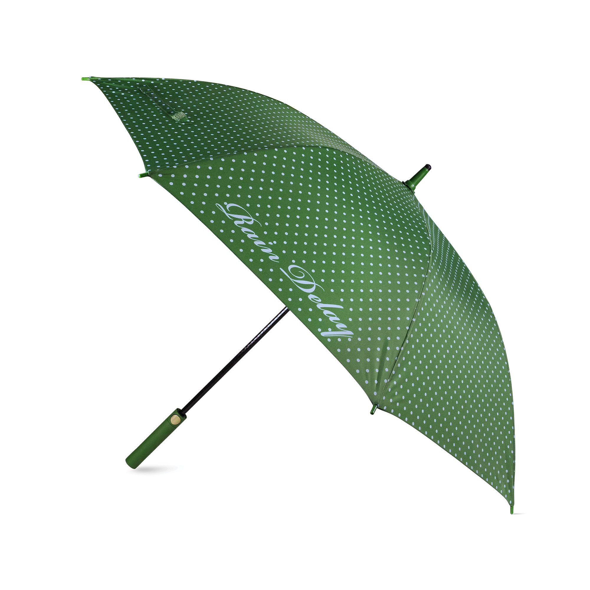 Green polka dot umbrella with brand name on a white background