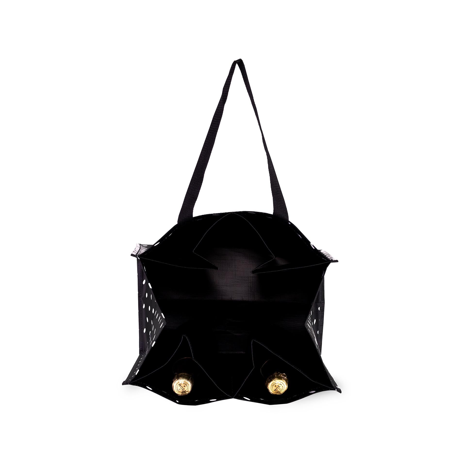 Black bag with gold accents on a white background