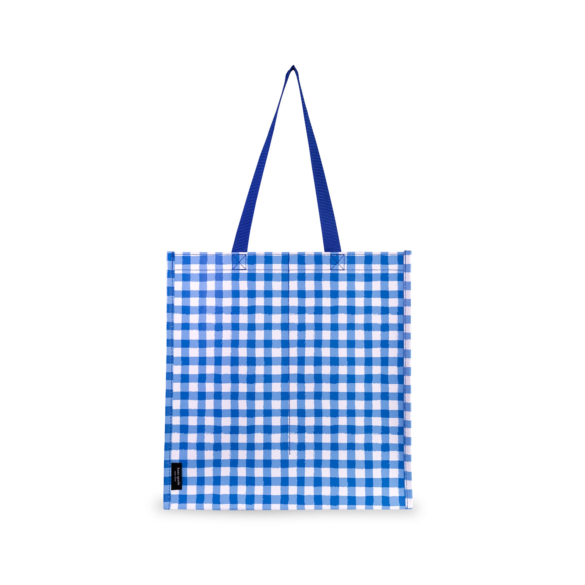 Blue and white checkered tote bag on a white background