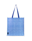 Blue and white checkered tote bag on a white background