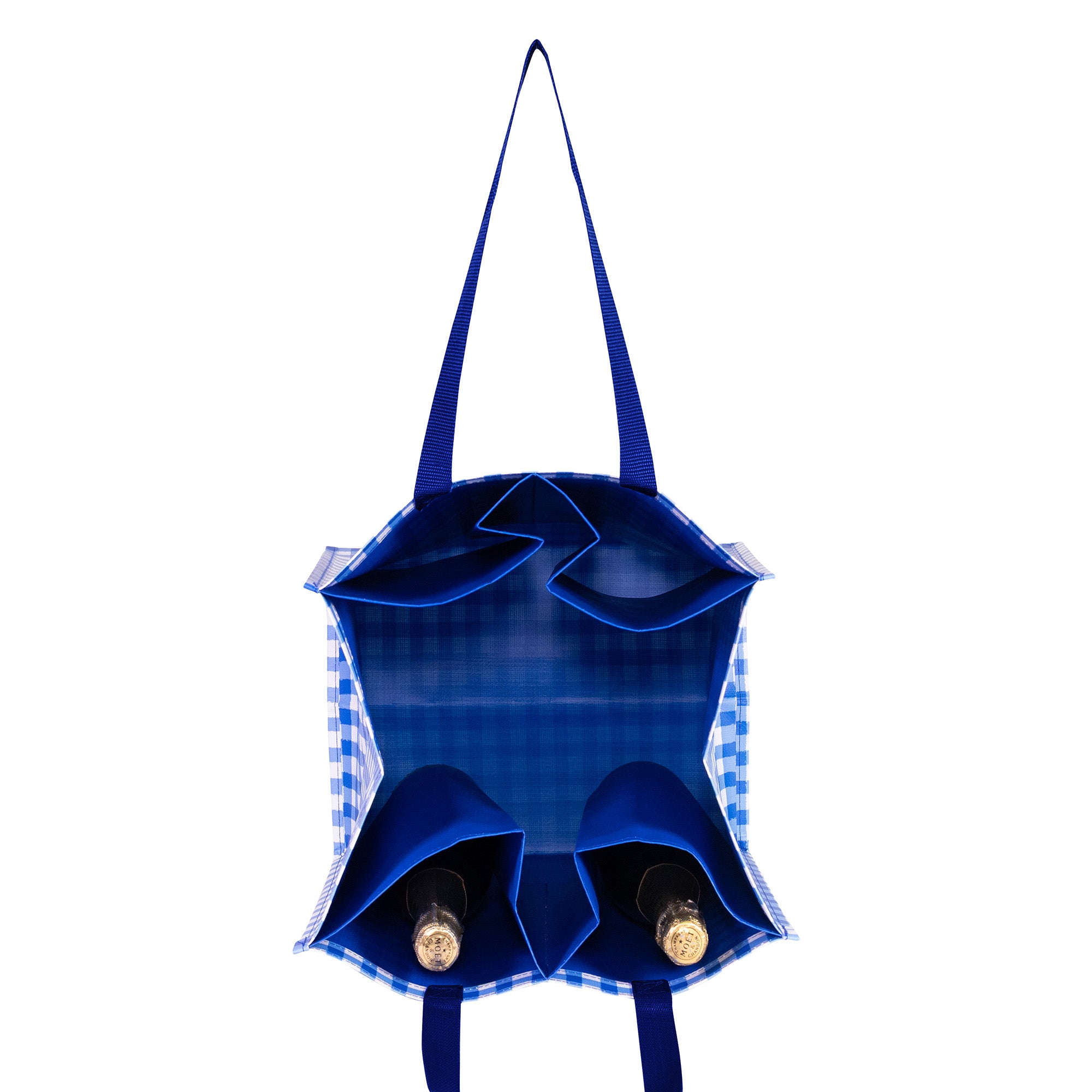Blue tote bag with checkered lining holding two bottles on a white background