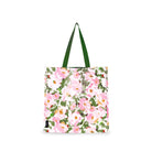 Floral tote bag with green straps on a white background