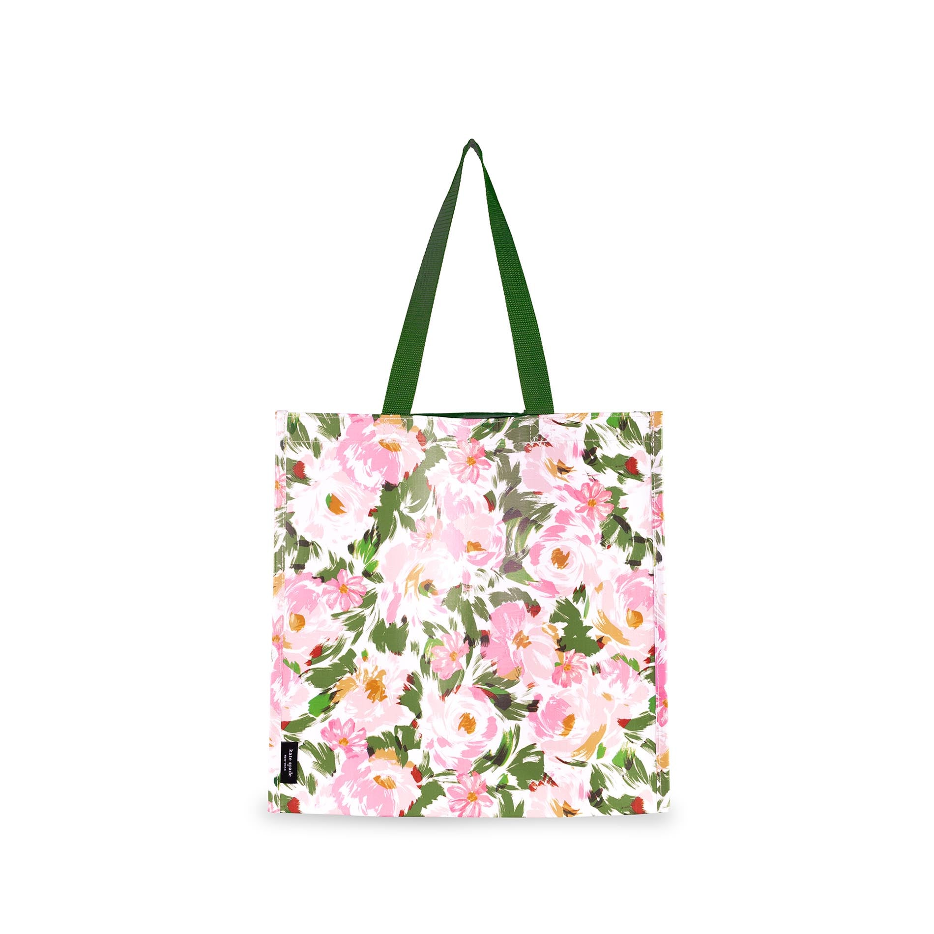 Floral tote bag with green straps on a white background