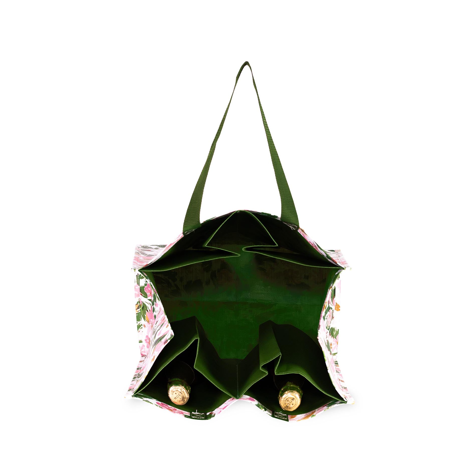 Green tote bag with floral pattern on a white background