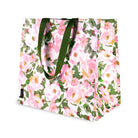 Floral tote bag with pink flowers and green leaves on a white background