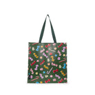 A dark green tote bag with a repeating pattern of colorful candy illustrations, featuring dark green shoulder straps, shown against a plain white background.