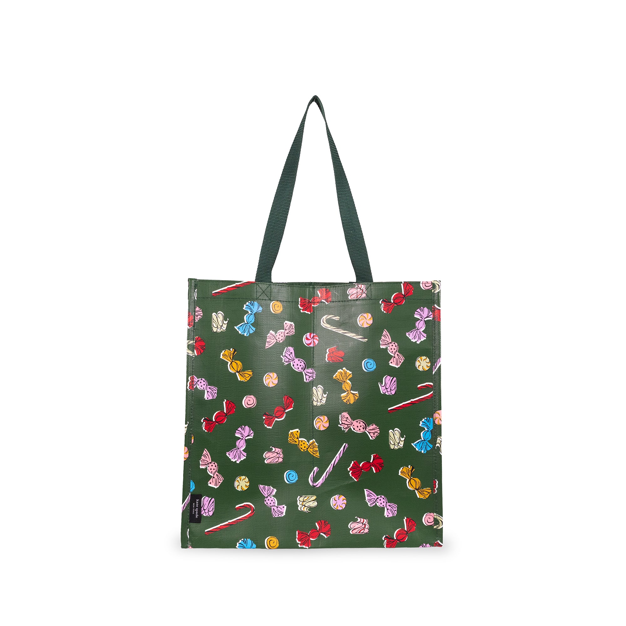 A dark green tote bag with a repeating pattern of colorful candy illustrations, featuring dark green shoulder straps, shown against a plain white background.