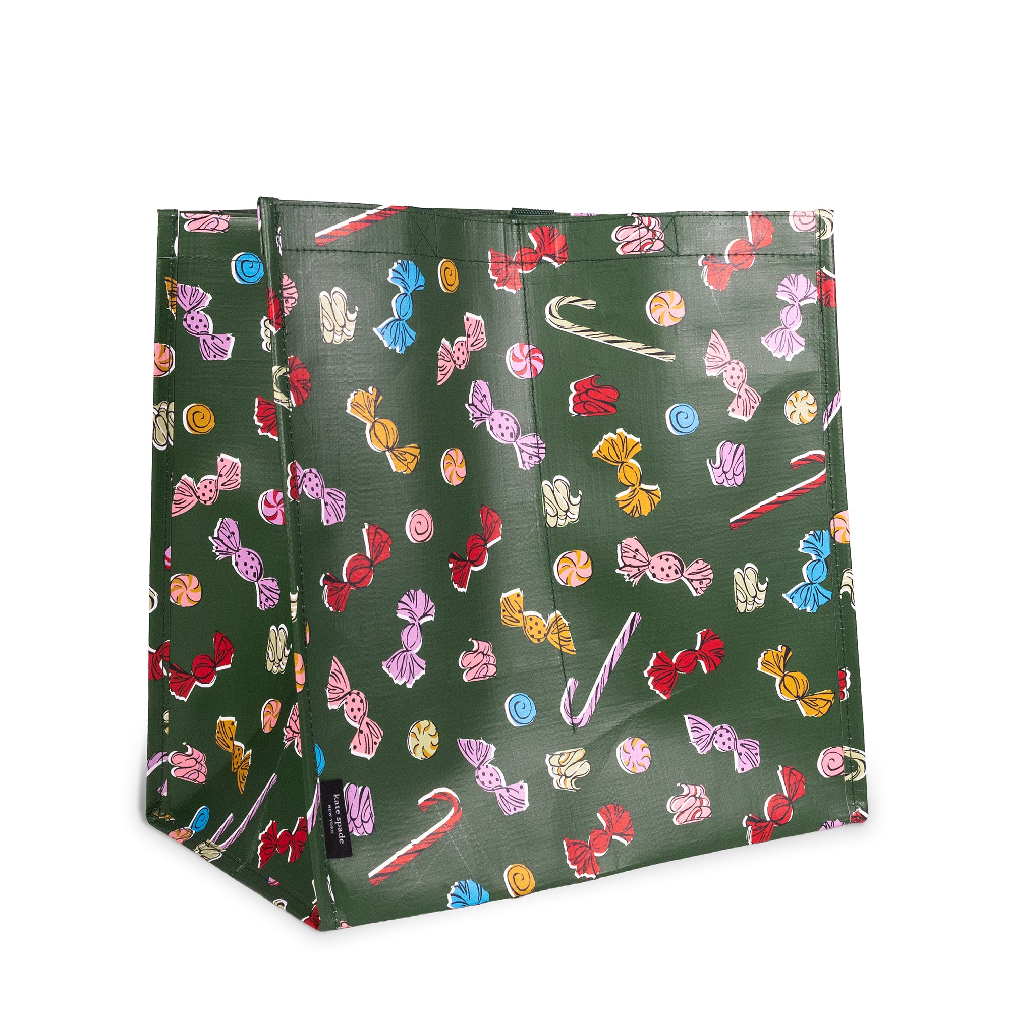 A dark green reusable shopping bag with a colorful candy and lollipop pattern, shown on a plain white background.