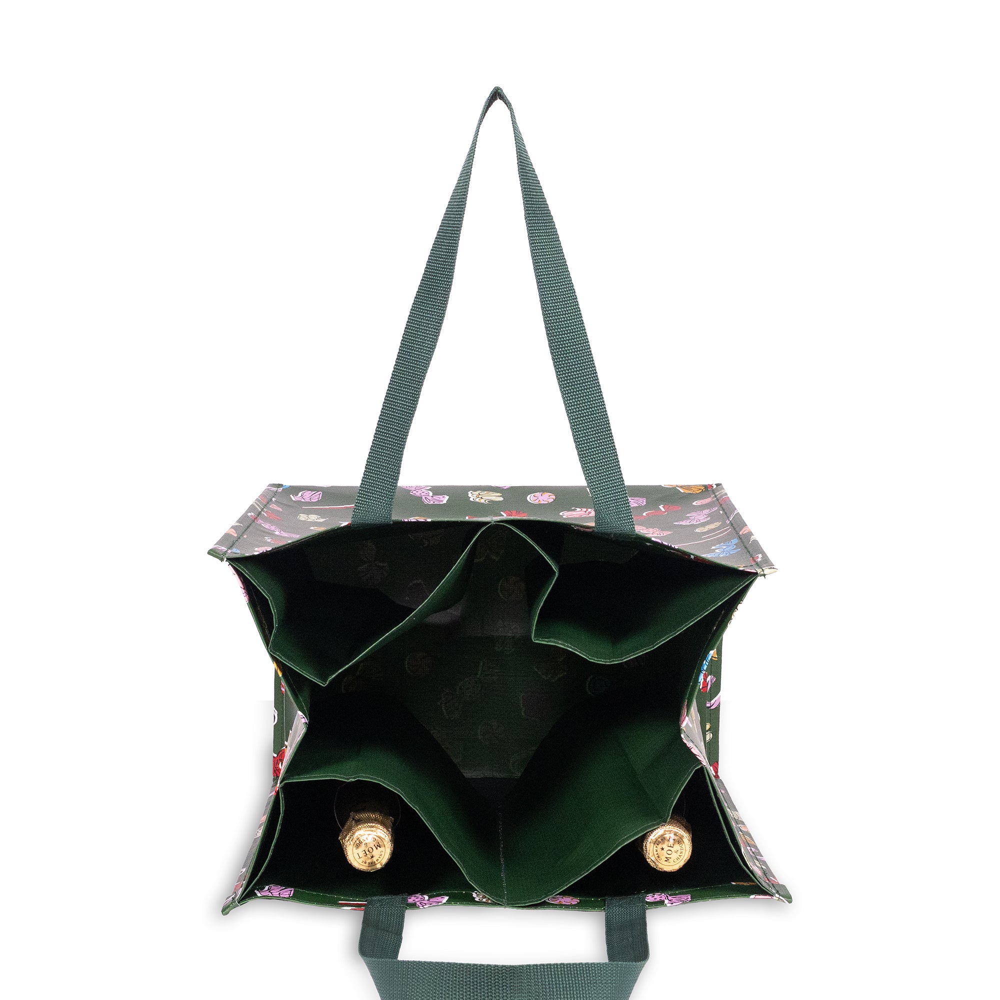 A dark green canvas tote bag with a multicolor floral print on the exterior and a solid dark green interior, shown from a top-down view on a white background.