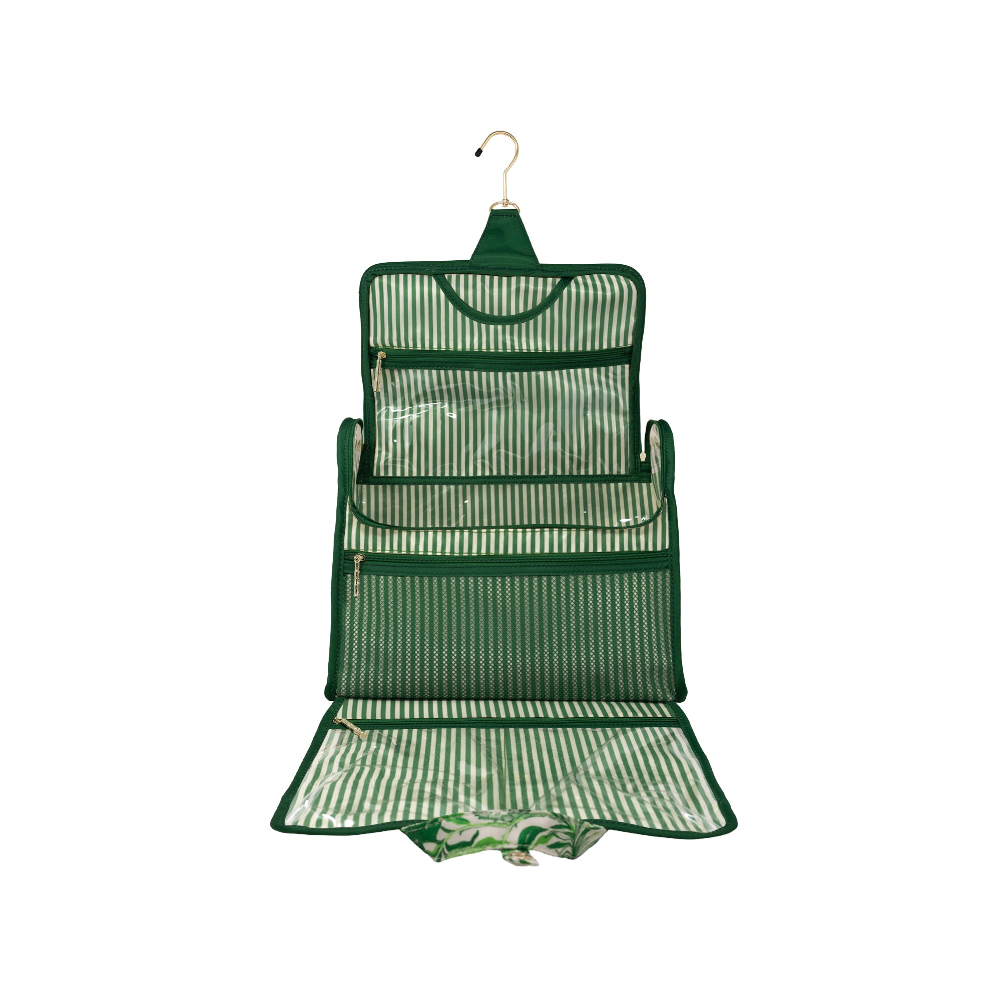 A green and white striped hanging toiletry organizer with multiple zippered compartments and a gold-tone hanger, shown against a plain white background.