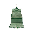 A green and white striped hanging toiletry organizer with multiple zippered compartments and a gold-tone hanger, shown against a plain white background.