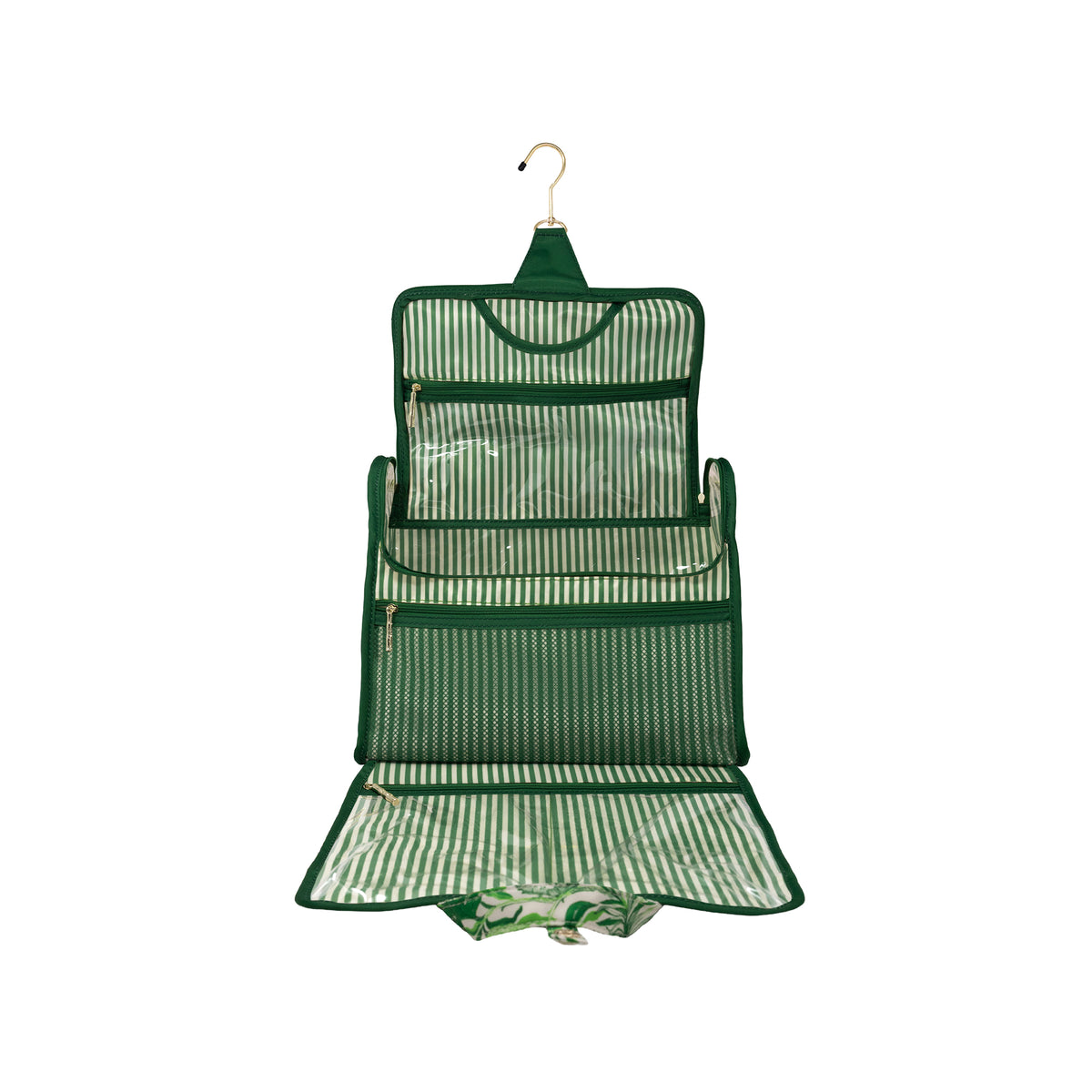 A green and white striped hanging toiletry organizer with multiple zippered compartments and a gold-tone hanger, shown against a plain white background.