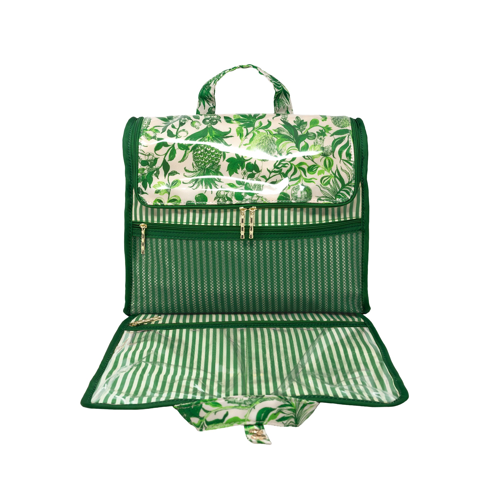 A green and white tropical print picnic bag shown open, featuring a top handle, a front zippered pocket, a striped mesh pocket, and a matching striped and patterned base pad on a white background.