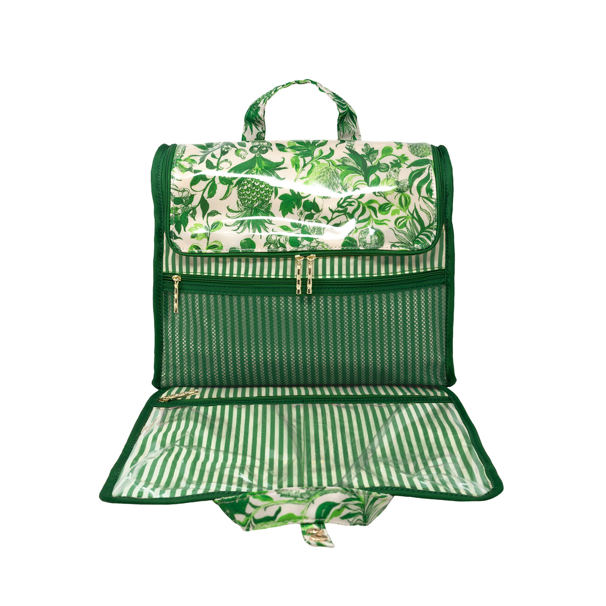 A green and white tropical print picnic bag shown open, featuring a top handle, a front zippered pocket, a striped mesh pocket, and a matching striped and patterned base pad on a white background.
