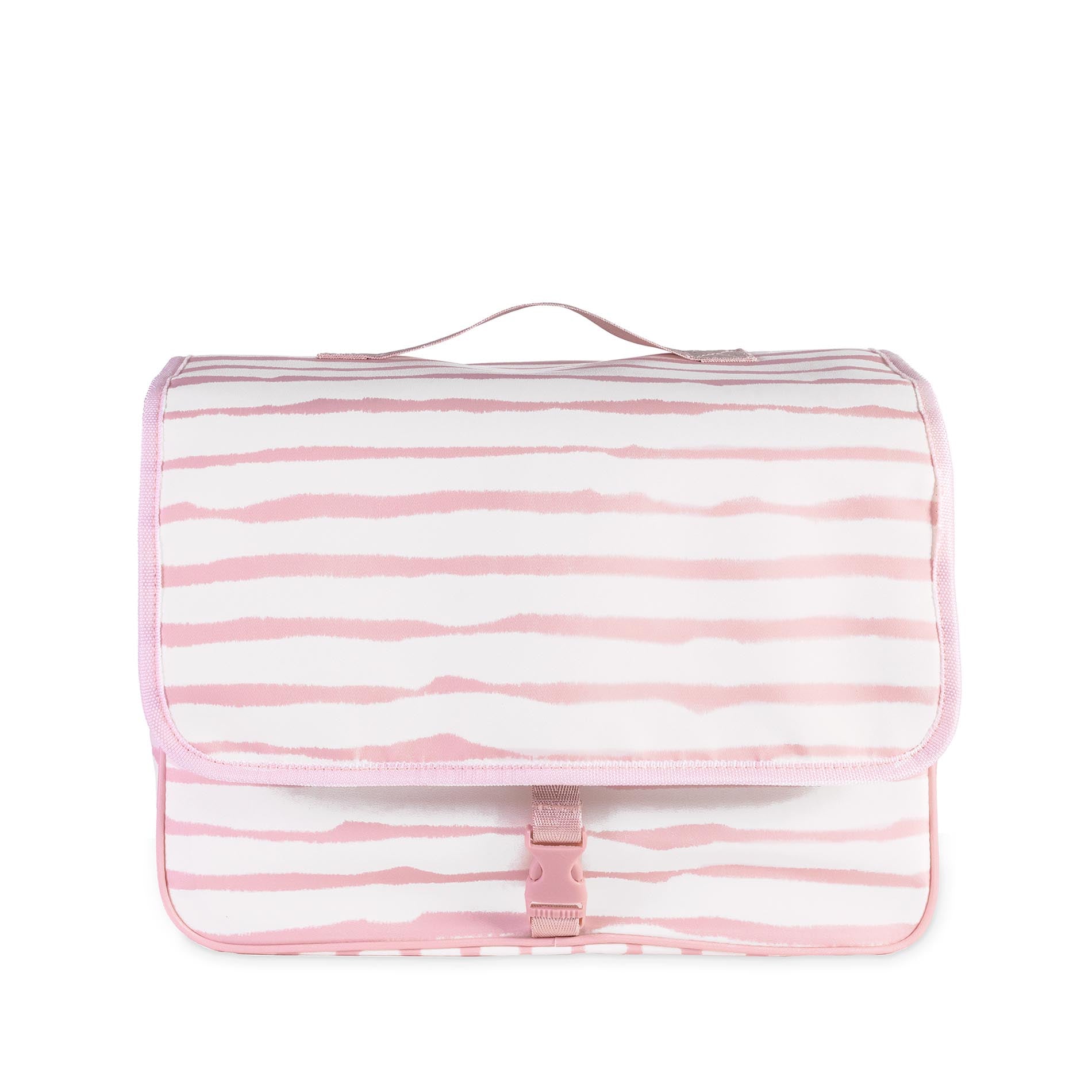 Pink and white striped bag on a white background