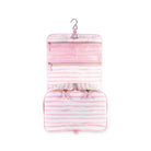 Pink striped travel organizer with hanging hook on a white background