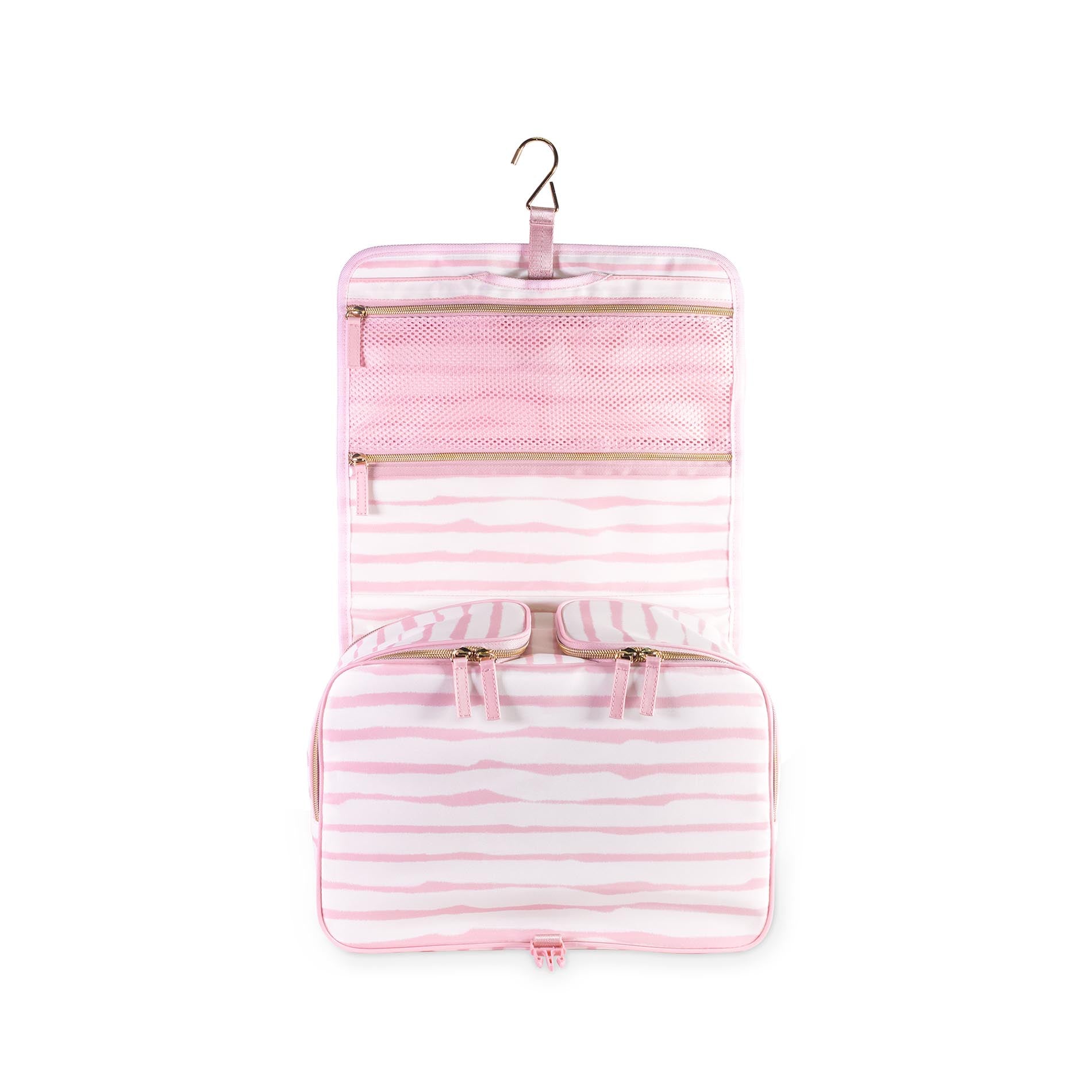 Pink striped travel organizer with hanging hook on a white background