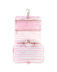Pink striped travel organizer with hanging hook on a white background