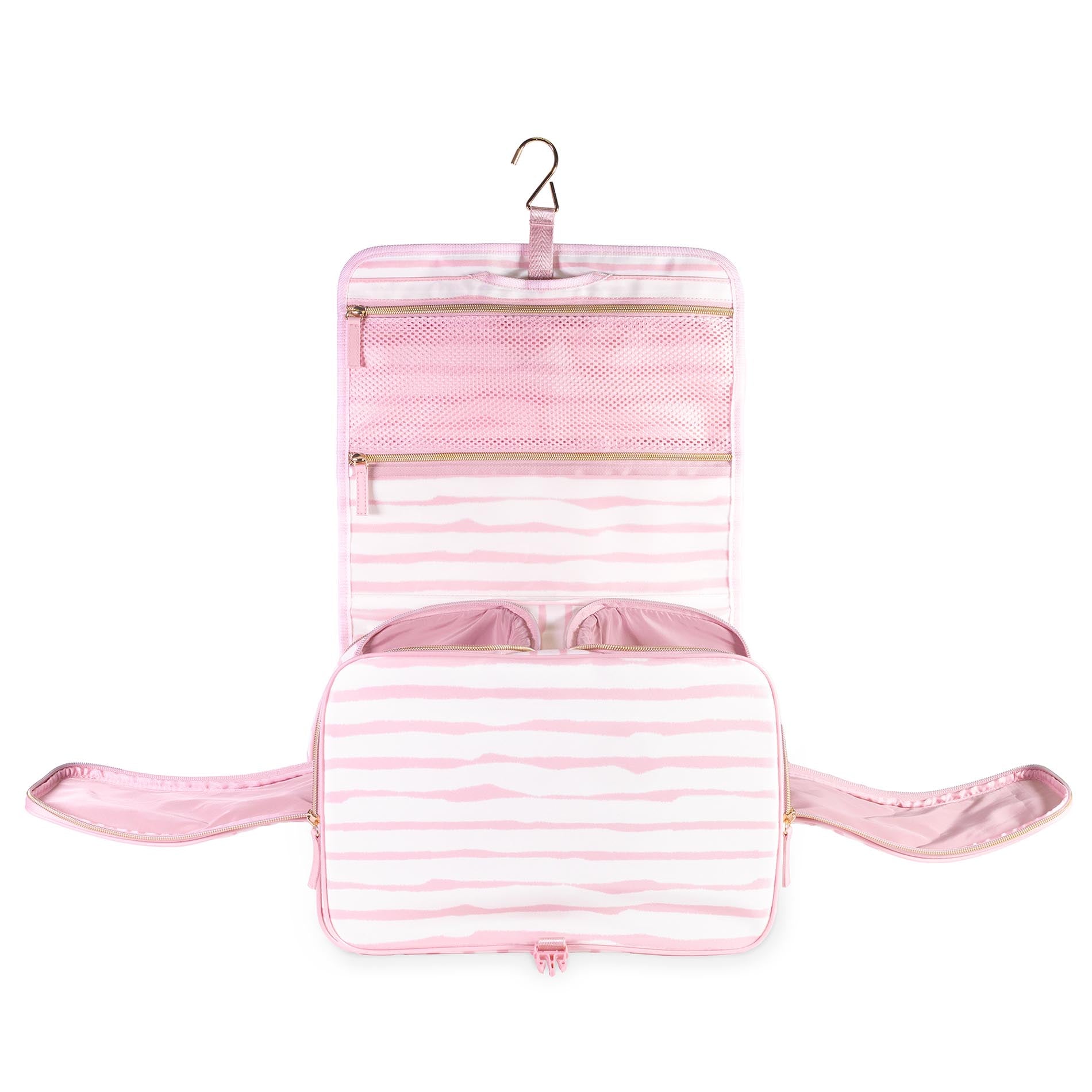 Pink striped travel pouch with a hanging hook on a white background