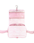 Pink striped travel pouch with a hanging hook on a white background